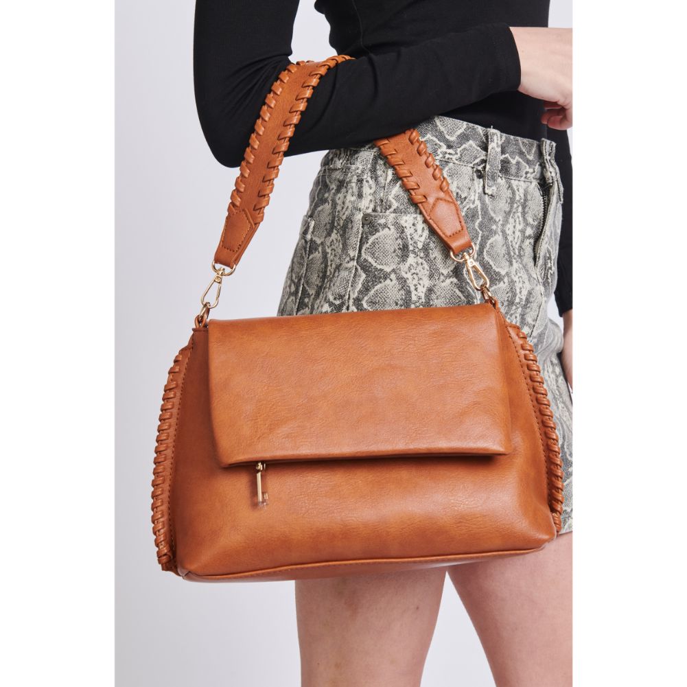 Woman wearing Tan Moda Luxe Gracie Messenger 842017129776 View 4 | Tan
