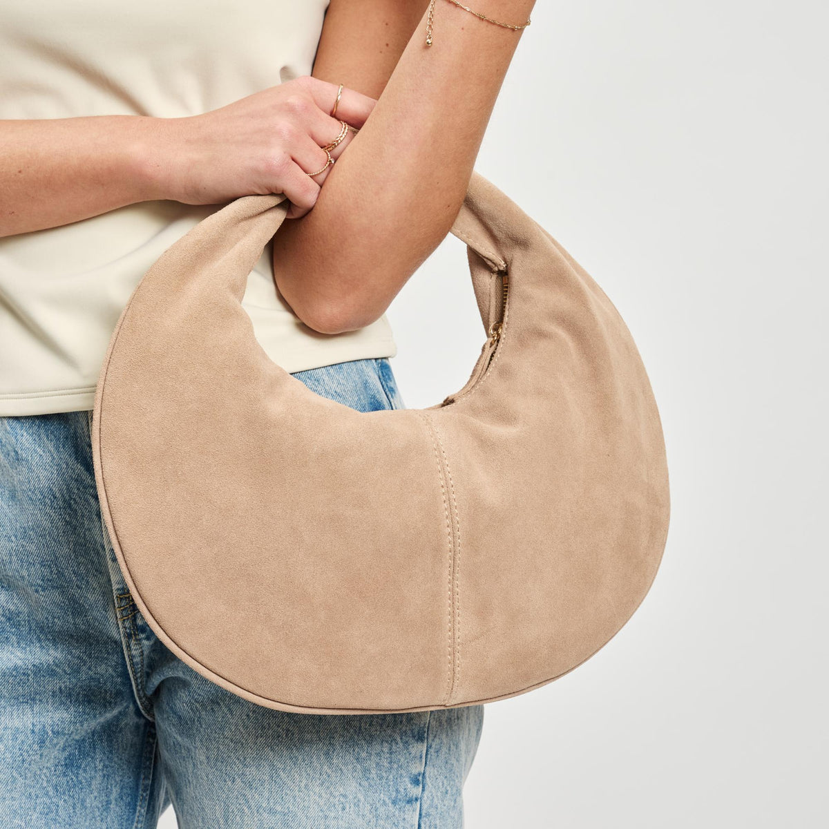 Woman wearing Natural Moda Luxe Farrah - Suede Hobo 842017138624 View 1 | Natural