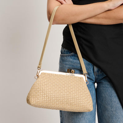 Woman wearing Natural Moda Luxe Bianca Clutch 842017141457 View 1 | Natural