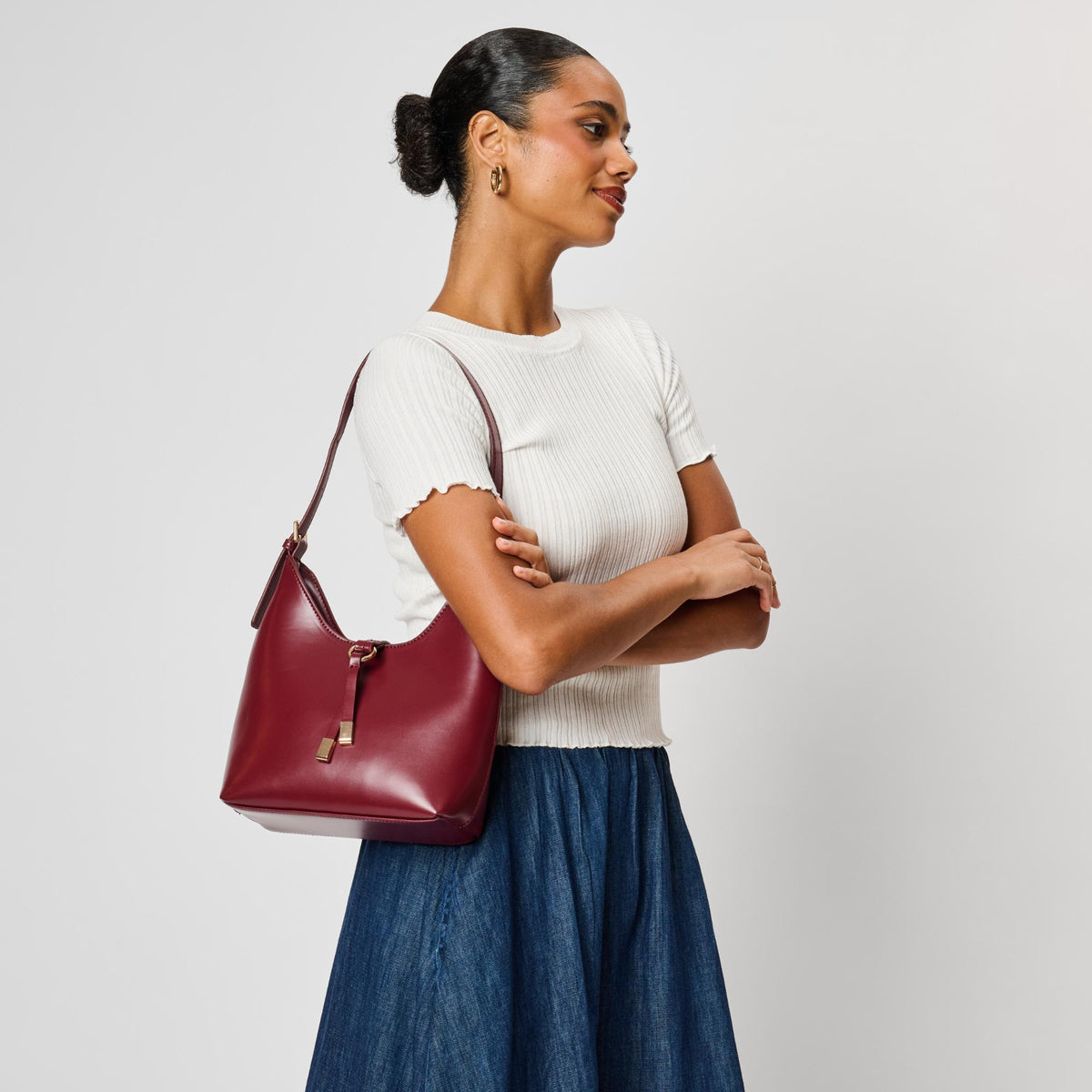 Woman wearing Burgundy Moda Luxe Blair Shoulder Bag 842017143222 View 1 | Burgundy