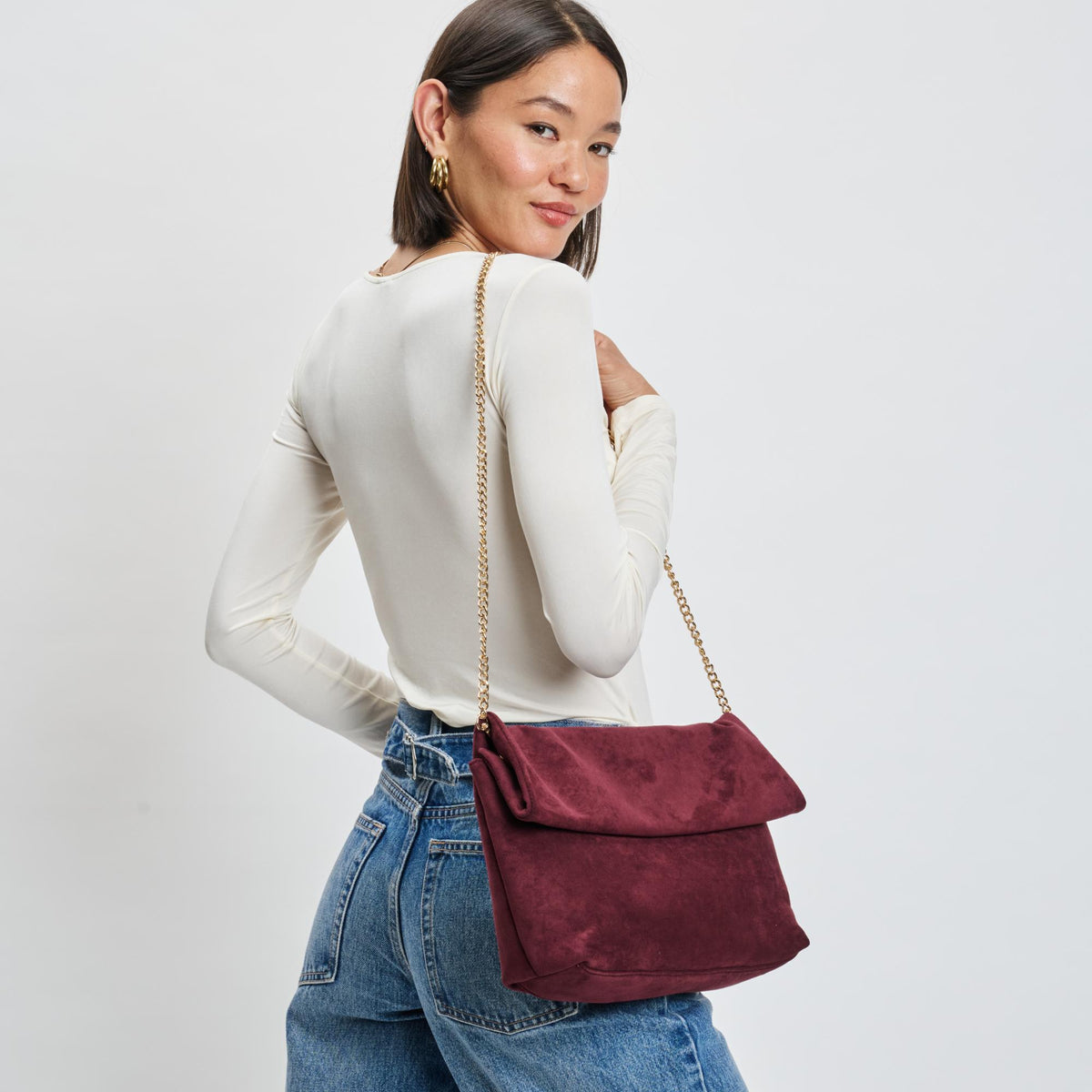 Woman wearing Wine Sol and Selene Zarae Crossbody 842017140009 View 1 | Wine