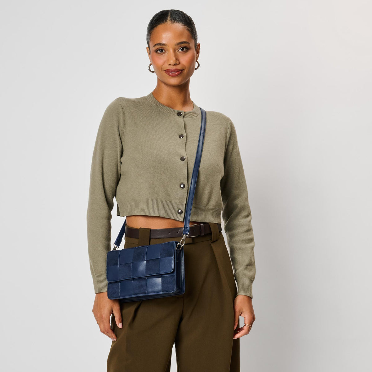 Woman wearing Navy Moda Luxe Tanya Crossbody 842017142935 View 2 | Navy