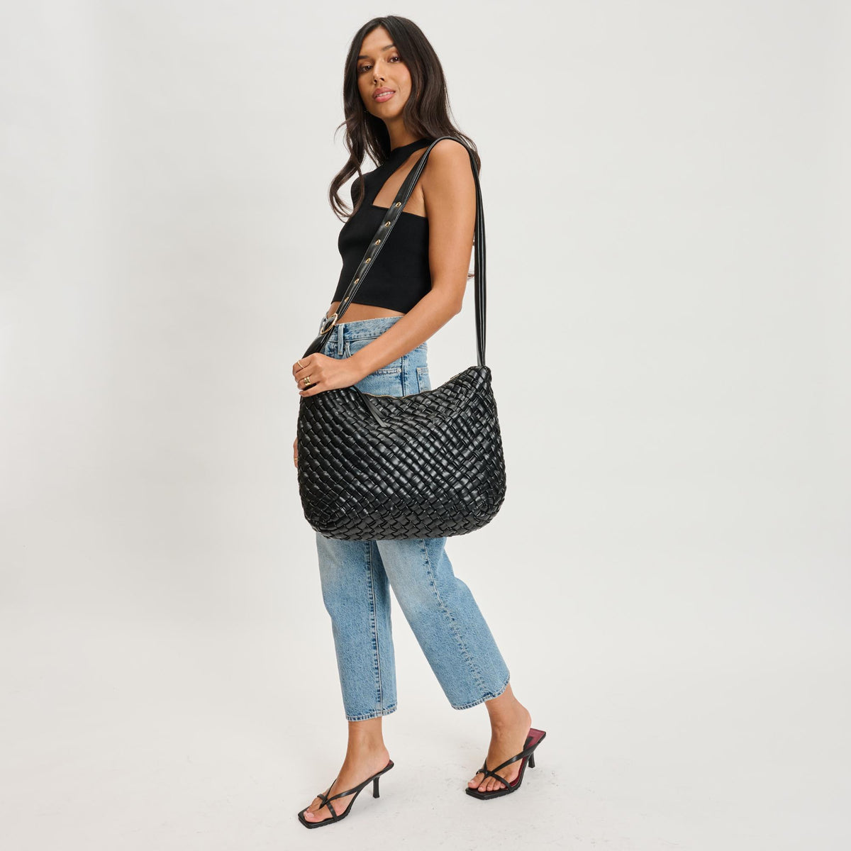 Woman wearing Black Moda Luxe Classica Crossbody 842017135470 View 2 | Black