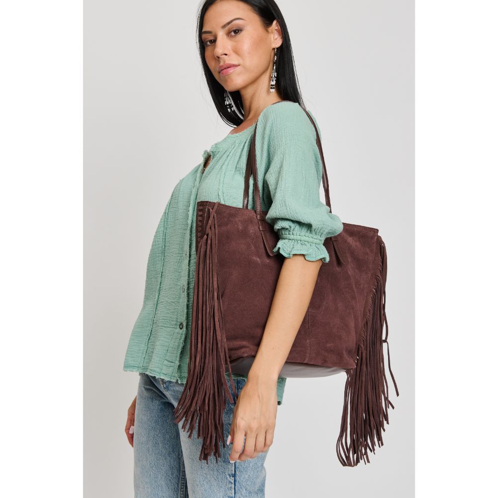 Woman wearing Chocolate Sol and Selene Stevie Tote 842017133186 View 3 | Chocolate