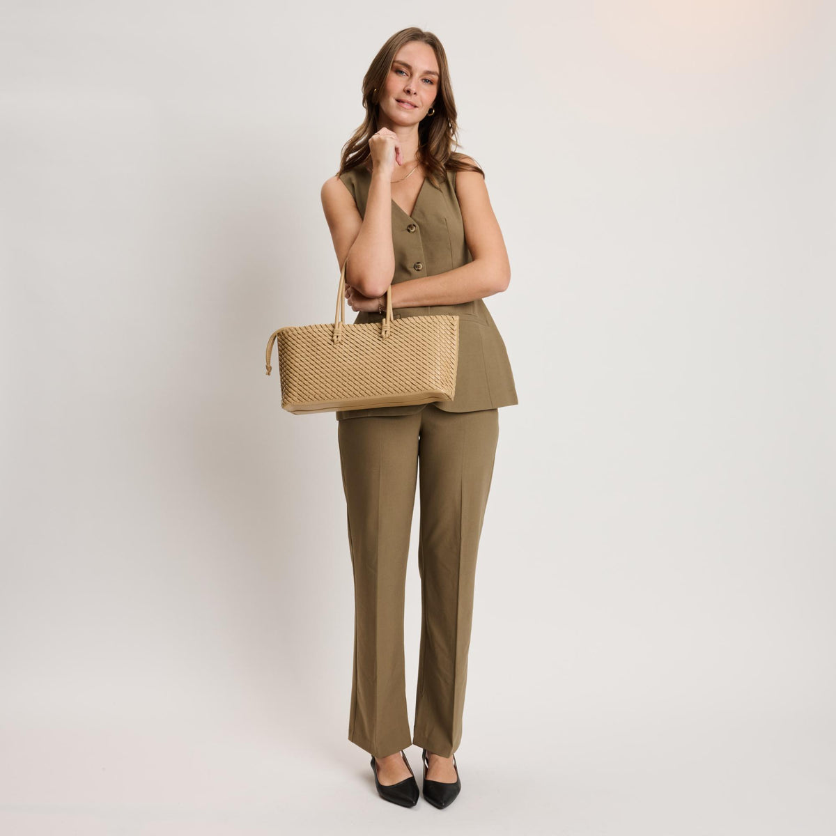 Woman wearing Natural Moda Luxe Nola Tote 842017140870 View 3 | Natural