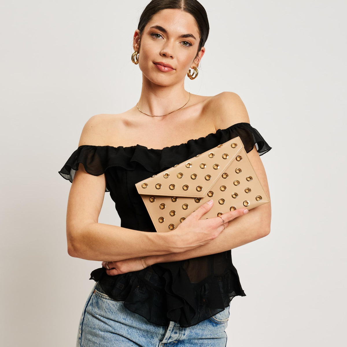 Woman wearing Nude Moda Luxe Ramona Crossbody 842017138815 View 3 | Nude