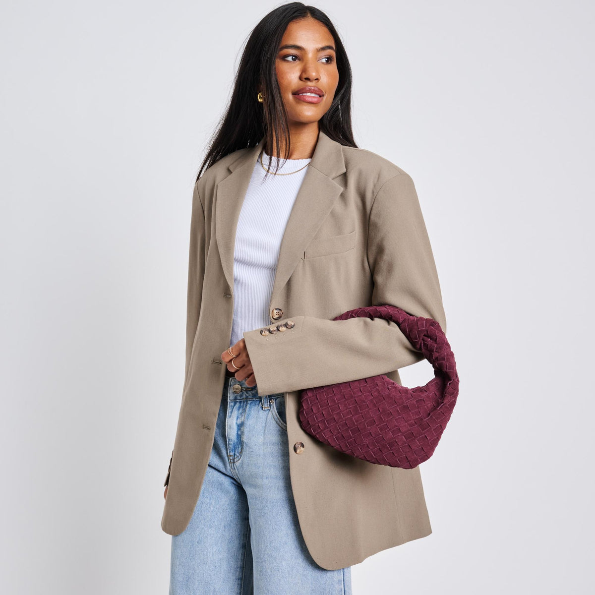 Woman wearing Wine Moda Luxe Autumn Clutch 842017136927 View 4 | Wine