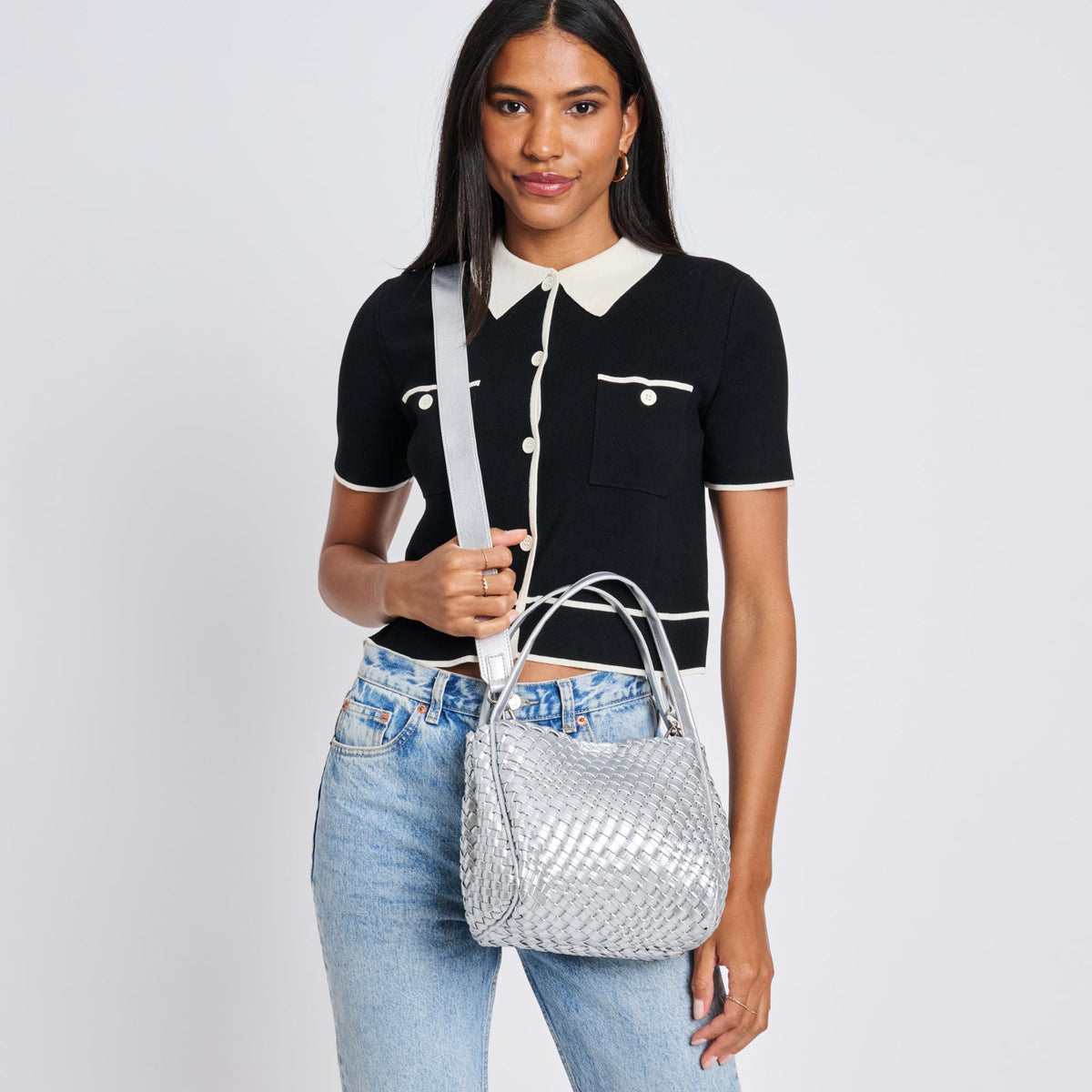 Woman wearing Silver Moda Luxe Roxy Crossbody 842017136293 View 2 | Silver