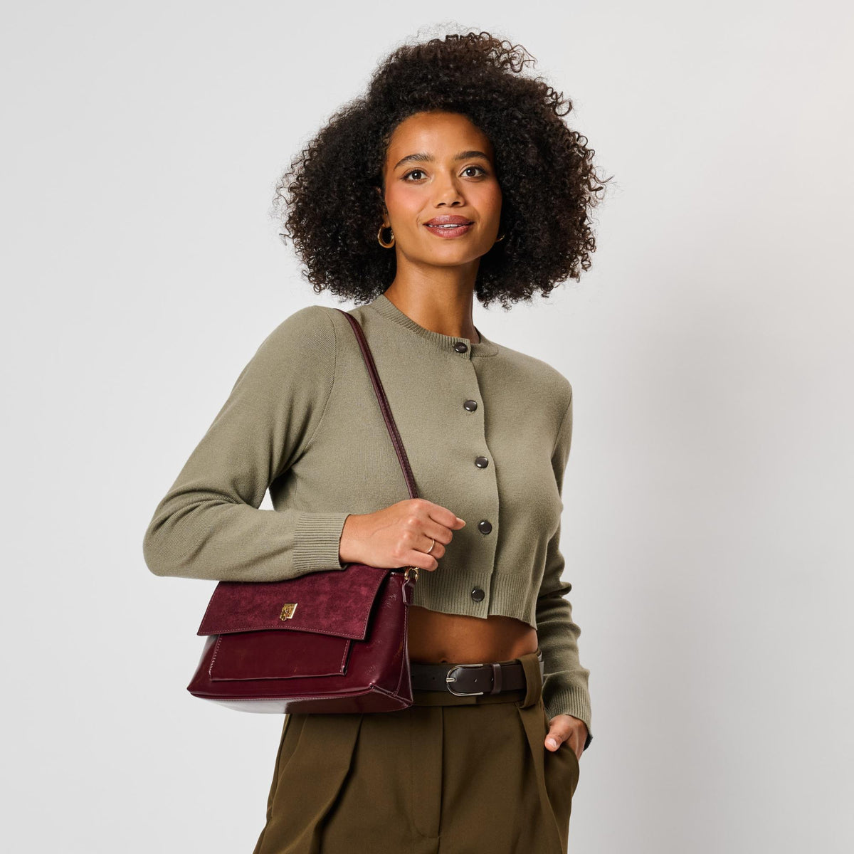 Woman wearing Burgundy Moda Luxe Aly Crossbody 842017143079 View 3 | Burgundy