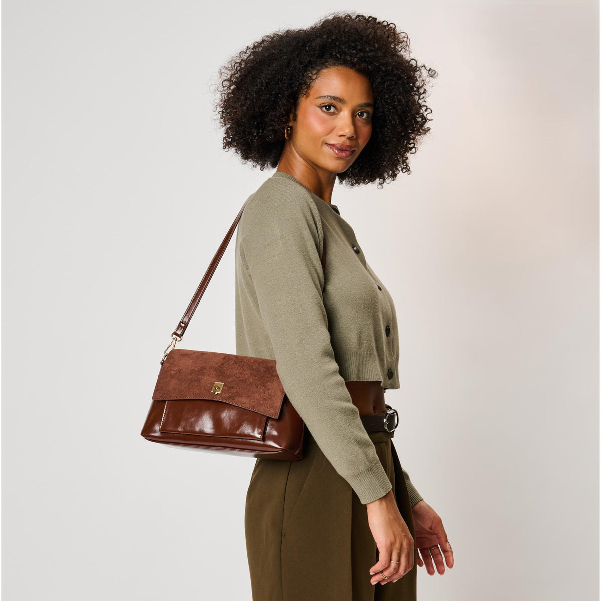 Woman wearing Chocolate Moda Luxe Aly Crossbody 842017143048 View 1 | Chocolate