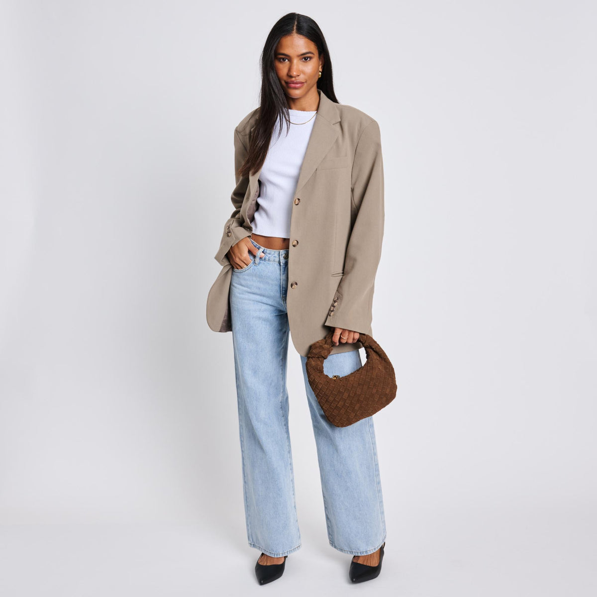 Woman wearing Chocolate Moda Luxe Autumn Clutch 842017136910 View 4 | Chocolate
