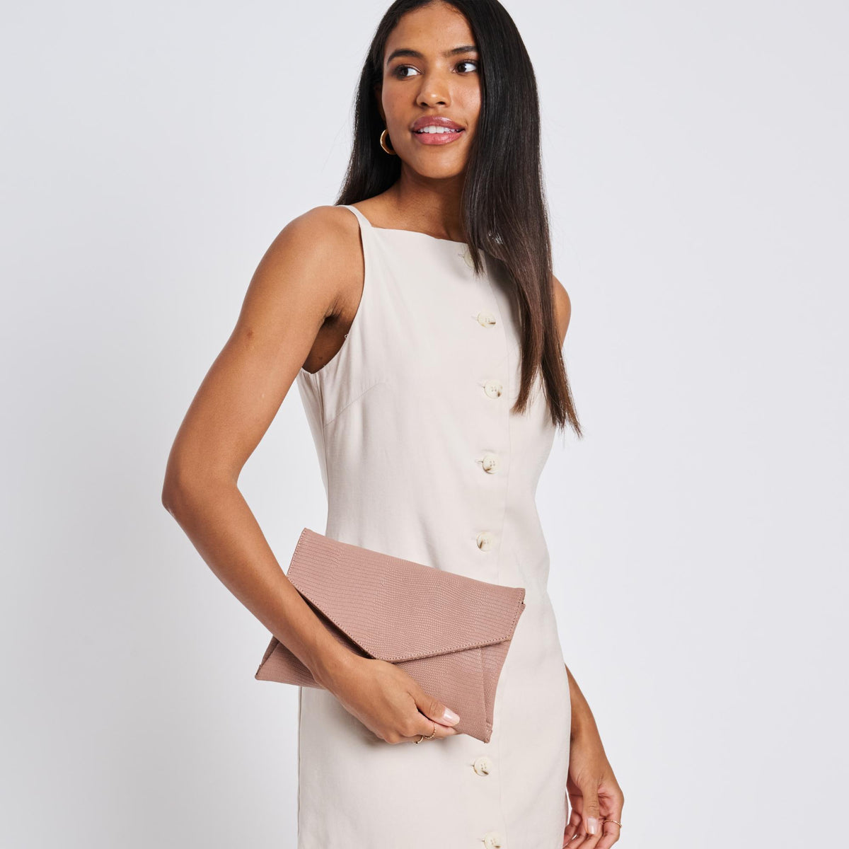 Woman wearing Mauve Sol and Selene Cara Clutch 842017118206 View 2 | Mauve