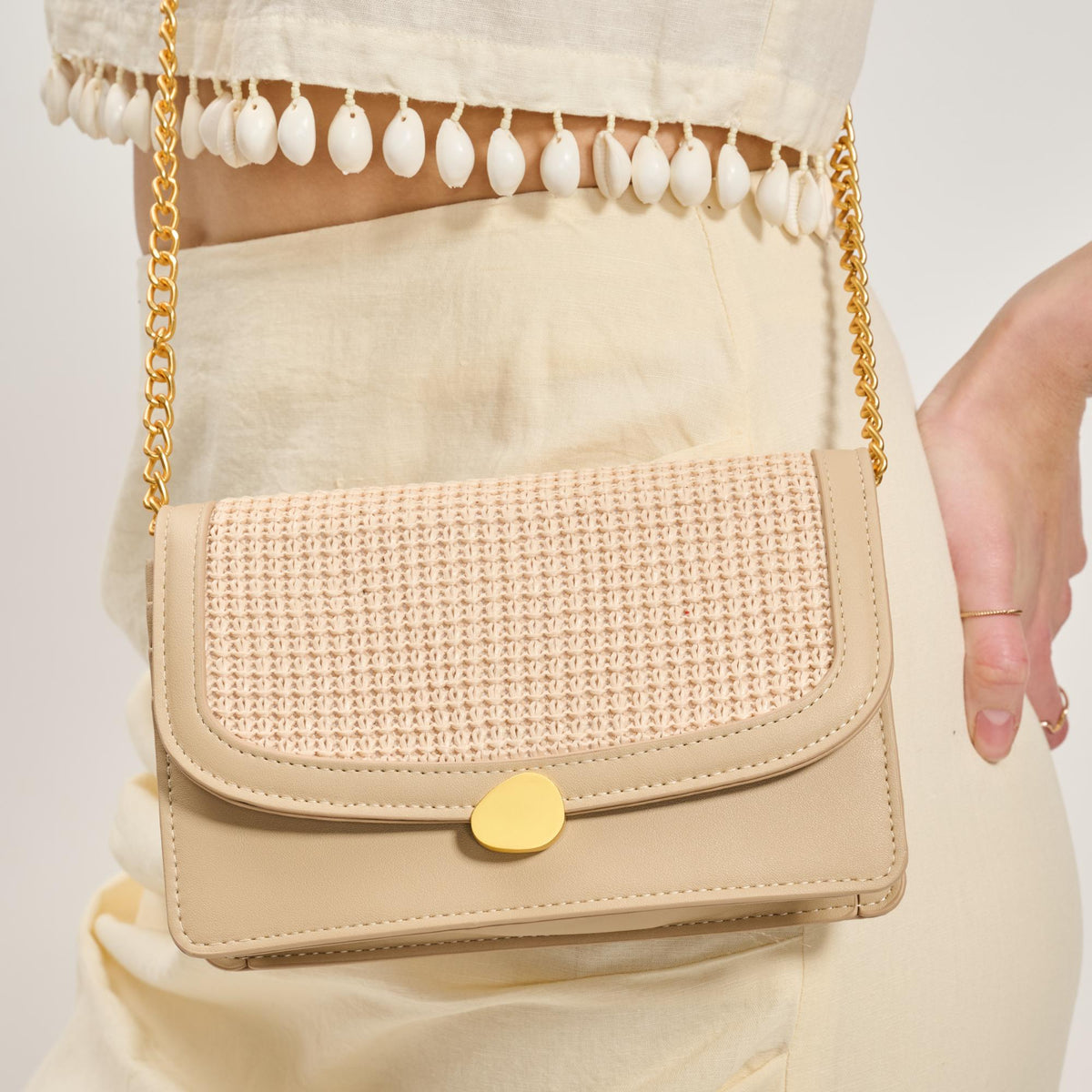 Woman wearing Cream Moda Luxe Nina Crossbody 842017137177 View 4 | Cream