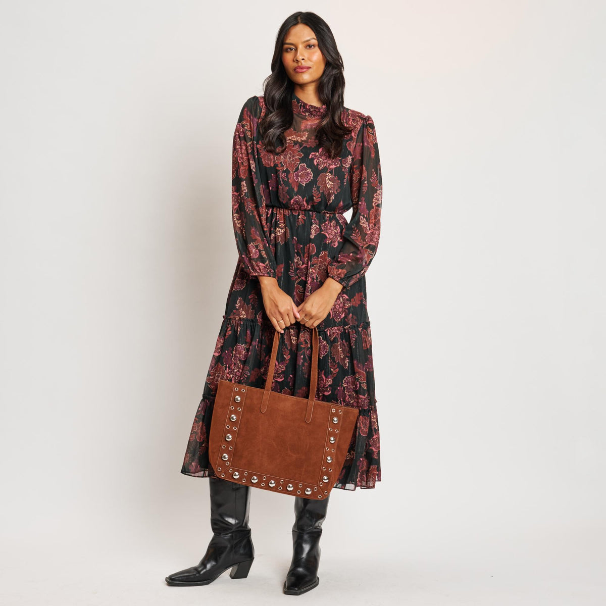 Woman wearing Cognac Moda Luxe Karli Tote 842017139911 View 3 | Cognac