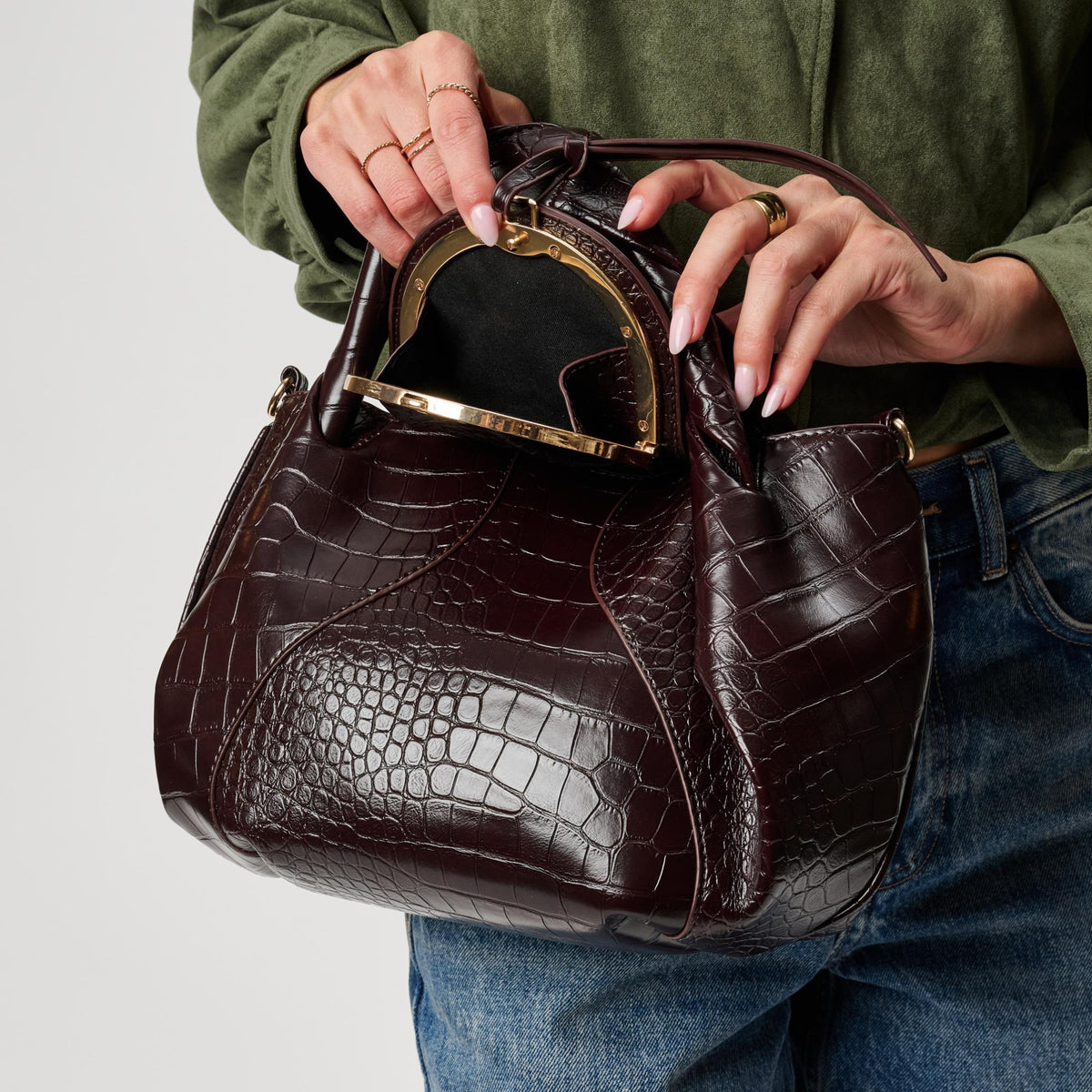 Woman wearing Chocolate Moda Luxe Amaya Satchel 842017142560 View 3 | Chocolate