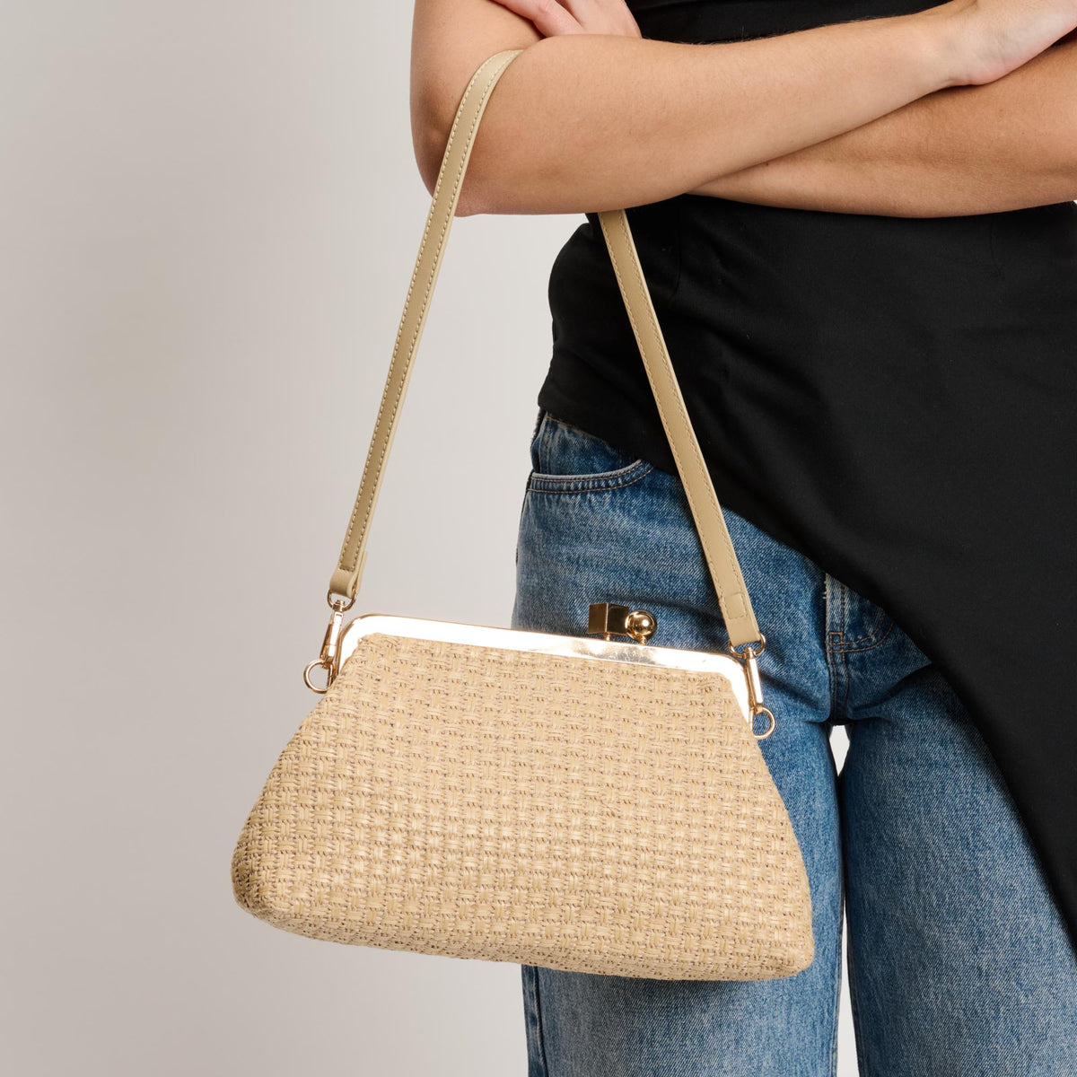 Woman wearing Natural Moda Luxe Bianca Clutch 842017141457 View 1 | Natural