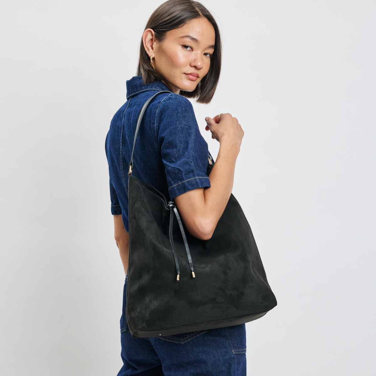 Woman wearing Black Moda Luxe Felicity Hobo 842017139355 View 2 | Black