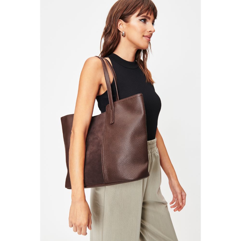 Woman wearing Espresso Moda Luxe Millie Tote 842017128687 View 2 | Espresso