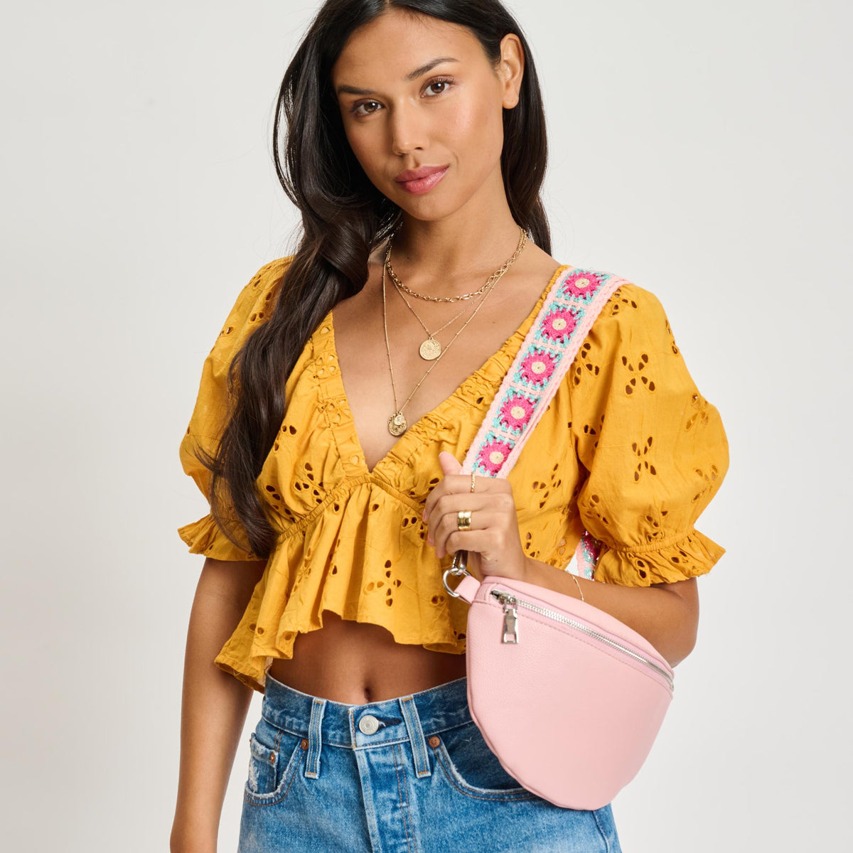 Woman wearing Rose Moda Luxe Stylette Belt Bag 842017134800 View 2 | Rose