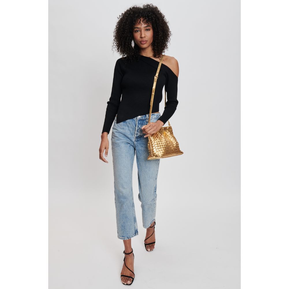 Woman wearing Gold Moda Luxe Katana Crossbody 842017132530 View 2 | Gold