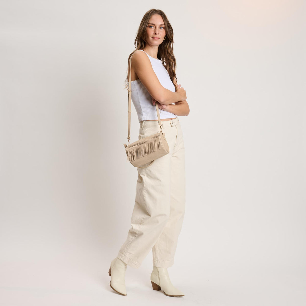 Woman wearing Natural Moda Luxe Emmi Shoulder Bag 842017140467 View 2 | Natural