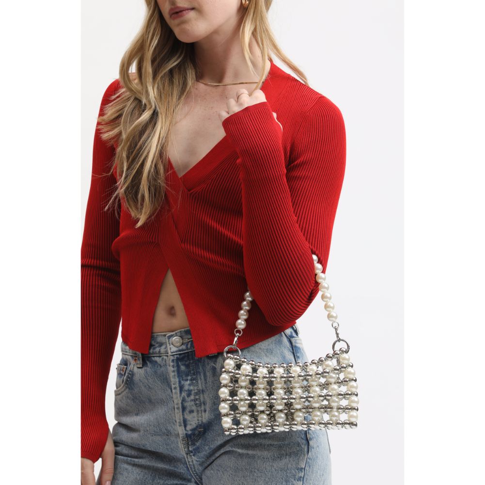 Woman wearing Ivory Silver Moda Luxe Janet Evening Bag 842017133506 View 2 | Ivory Silver