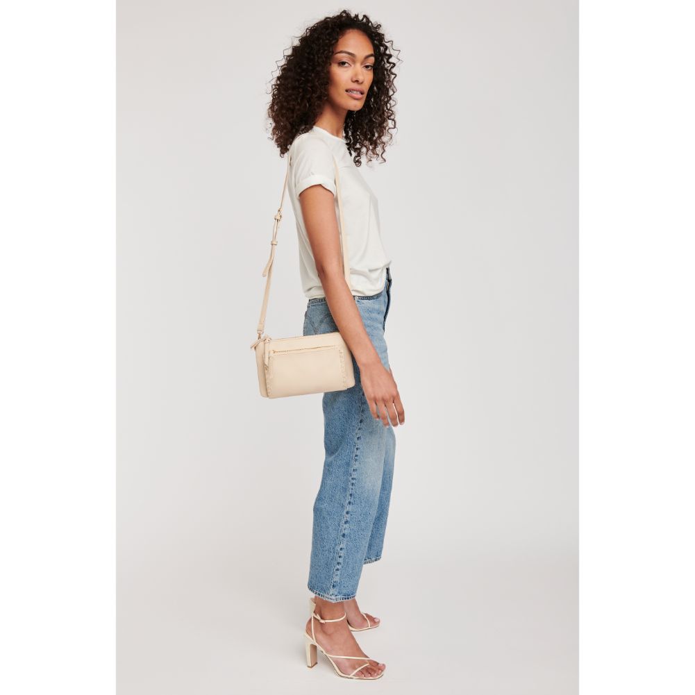Woman wearing Oatmilk Moda Luxe Kenzie Crossbody 842017127321 View 4 | Oatmilk