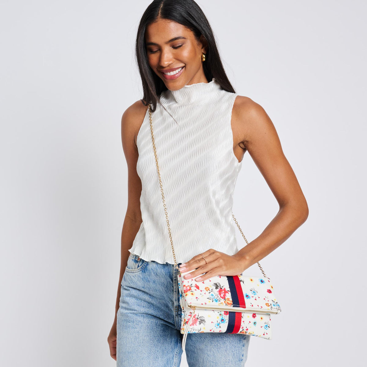 Woman wearing White Sol and Selene Jules Print Clutch 842017119401 View 3 | White