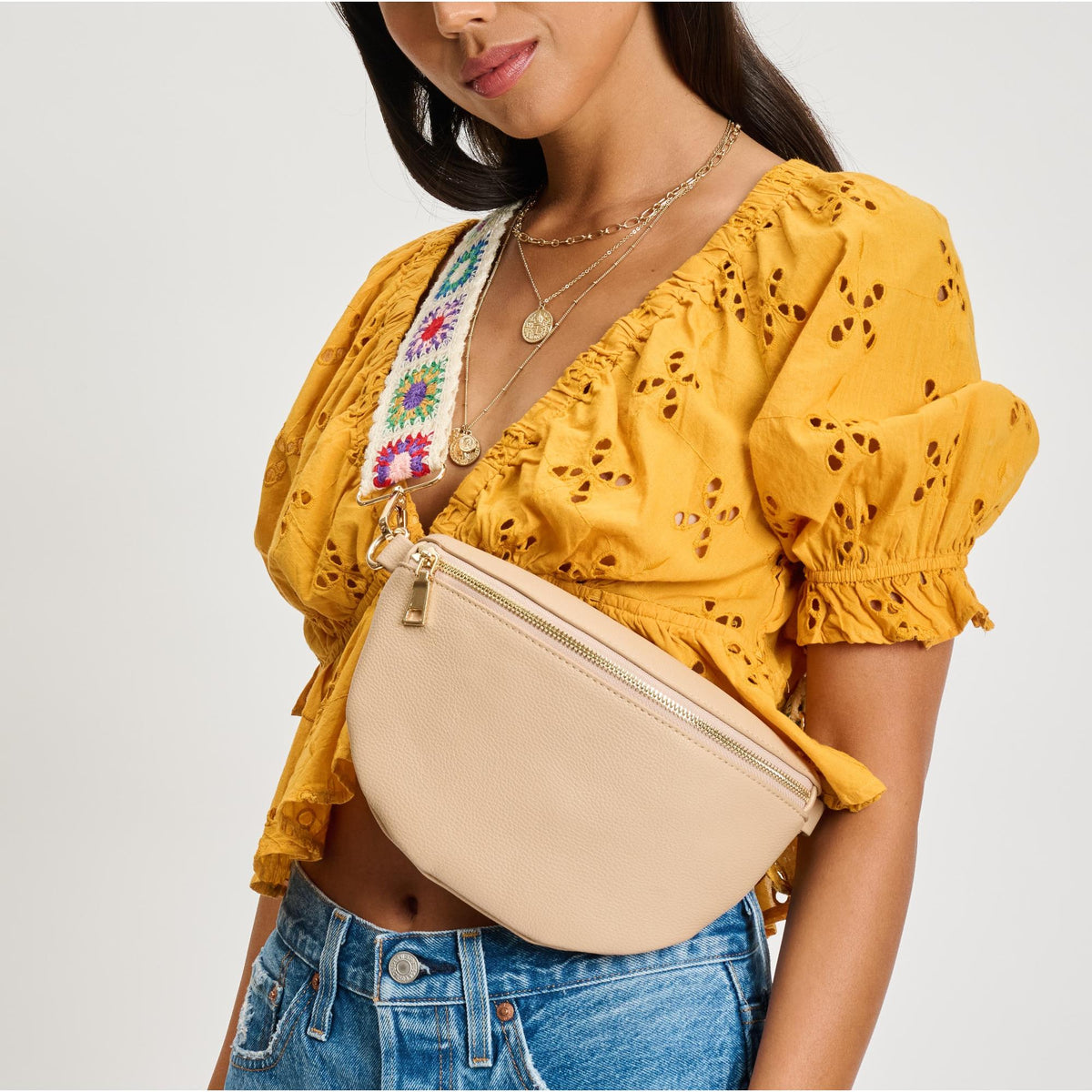 Woman wearing Natural Sol and Selene Stylette Belt Bag 842017134787 View 4 | Natural