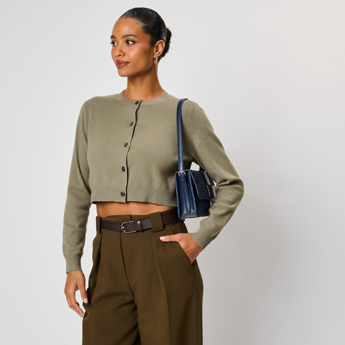 Woman wearing Navy Moda Luxe Tanya Crossbody 842017142935 View 3 | Navy