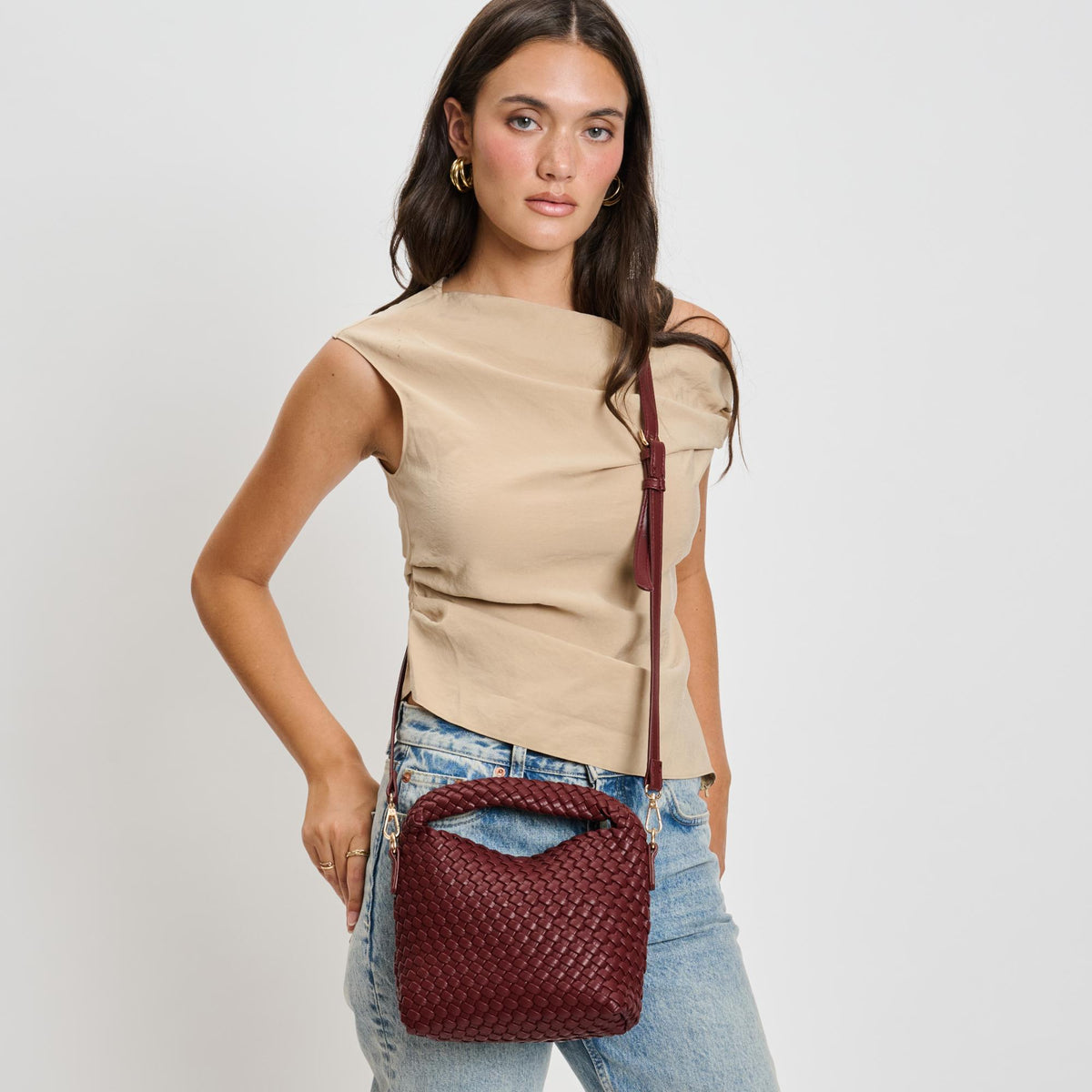 Woman wearing Burgundy Sol and Selene Jessamine Crossbody 842017135708 View 2 | Burgundy