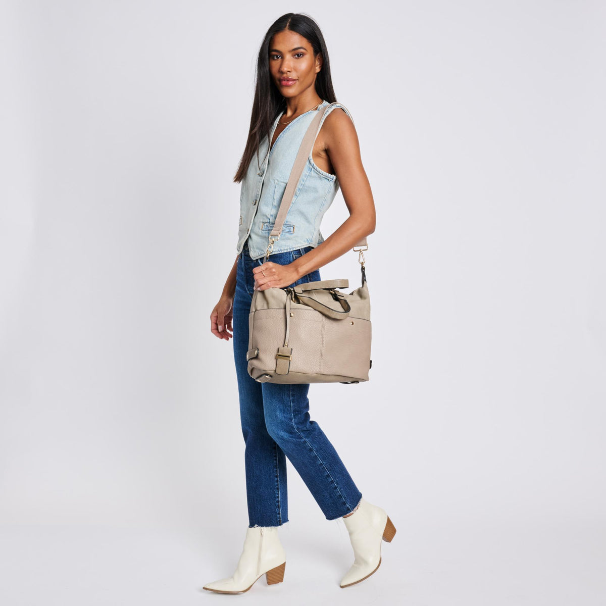 Woman wearing Mushroom Sol and Selene London Satchel 842017136231 View 4 | Mushroom