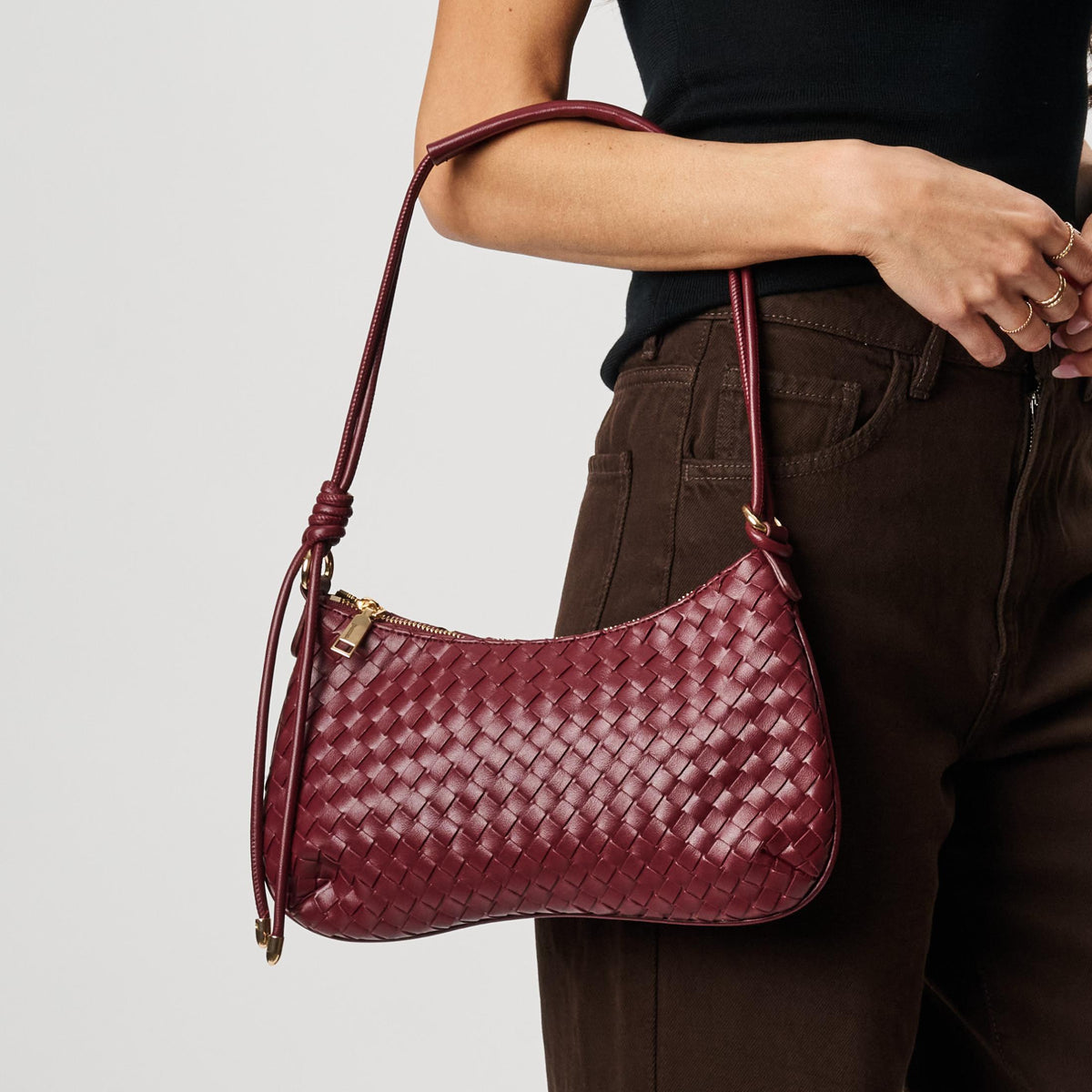 Woman wearing Burgundy Moda Luxe Cindy Shoulder Bag 842017142690 View 1 | Burgundy