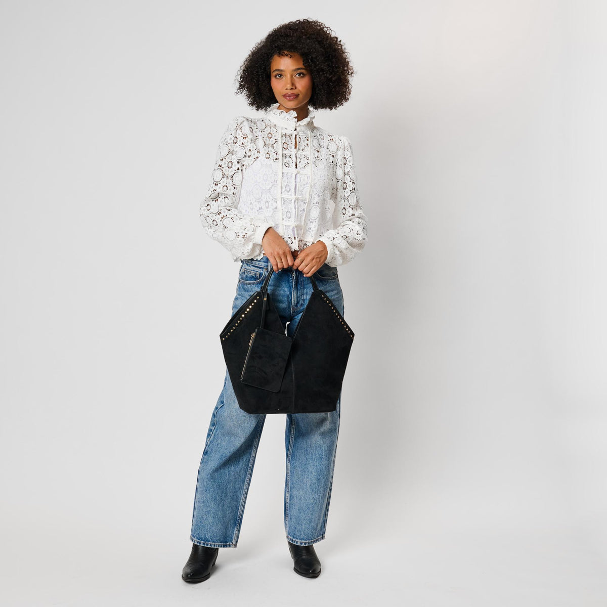 Woman wearing Black Moda Luxe Miranda Tote 842017142959 View 4 | Black