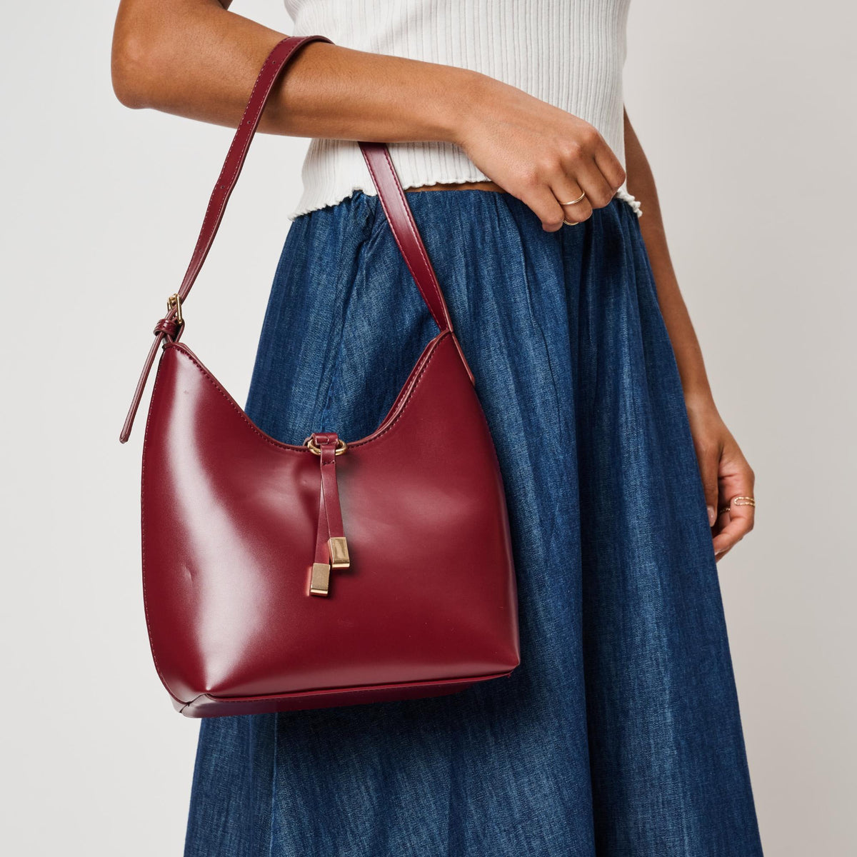 Woman wearing Burgundy Moda Luxe Blair Shoulder Bag 842017143222 View 2 | Burgundy