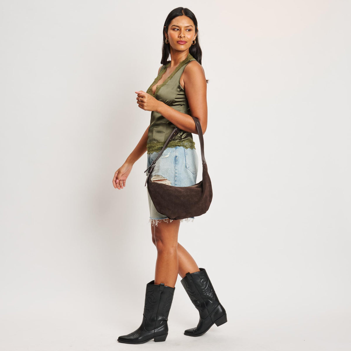 Woman wearing Chocolate Moda Luxe Elodie Shoulder Bag 842017139010 View 3 | Chocolate