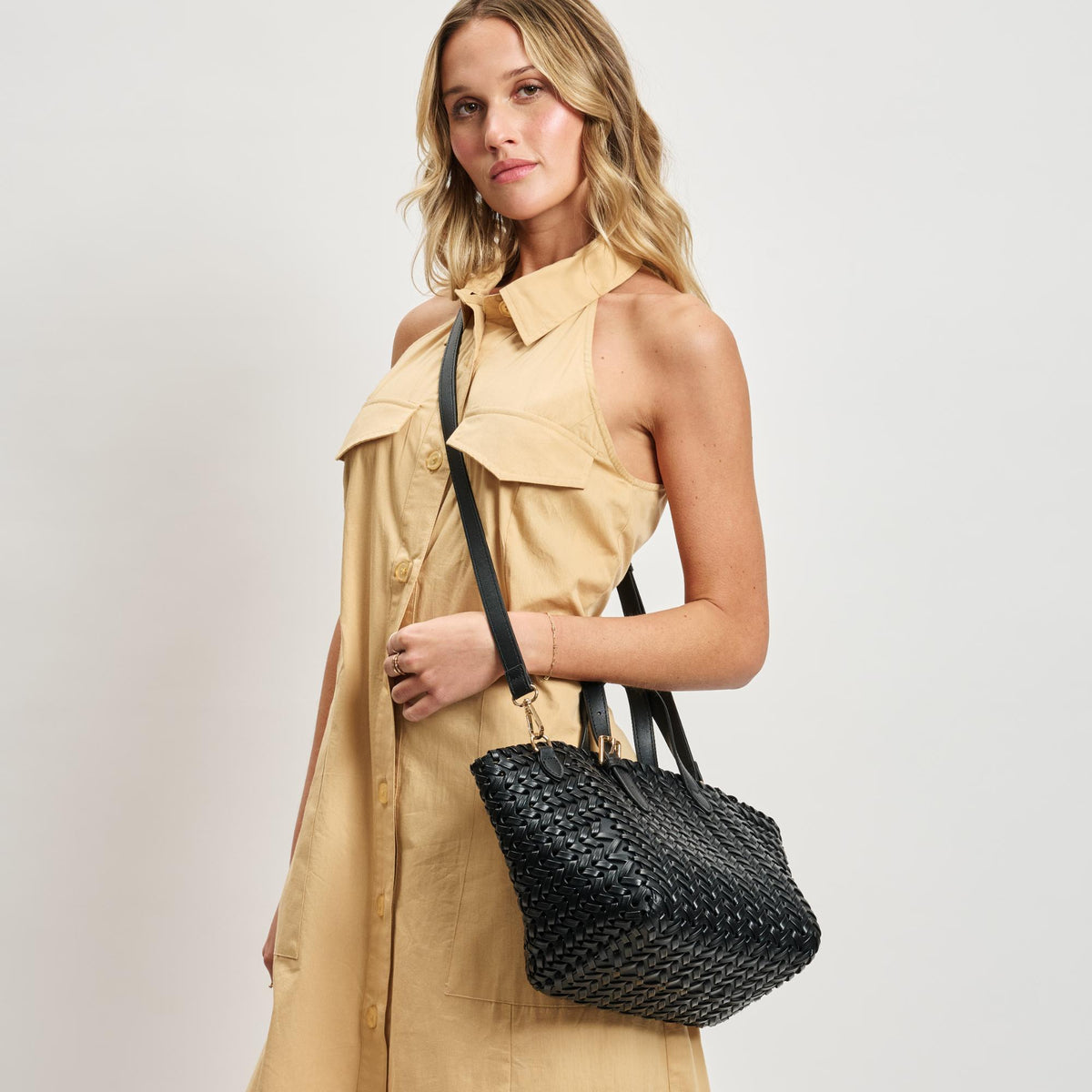 Woman wearing Black Moda Luxe Estelle Tote 842017137740 View 4 | Black