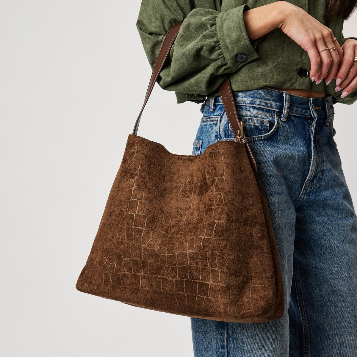 Woman wearing Chocolate Moda Luxe Neve Croco Tote 842017142430 View 2 | Chocolate