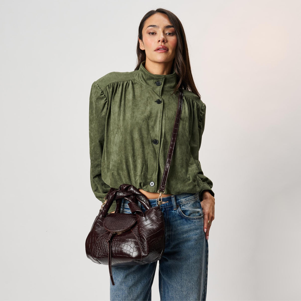 Woman wearing Chocolate Moda Luxe Amaya Satchel 842017142560 View 2 | Chocolate