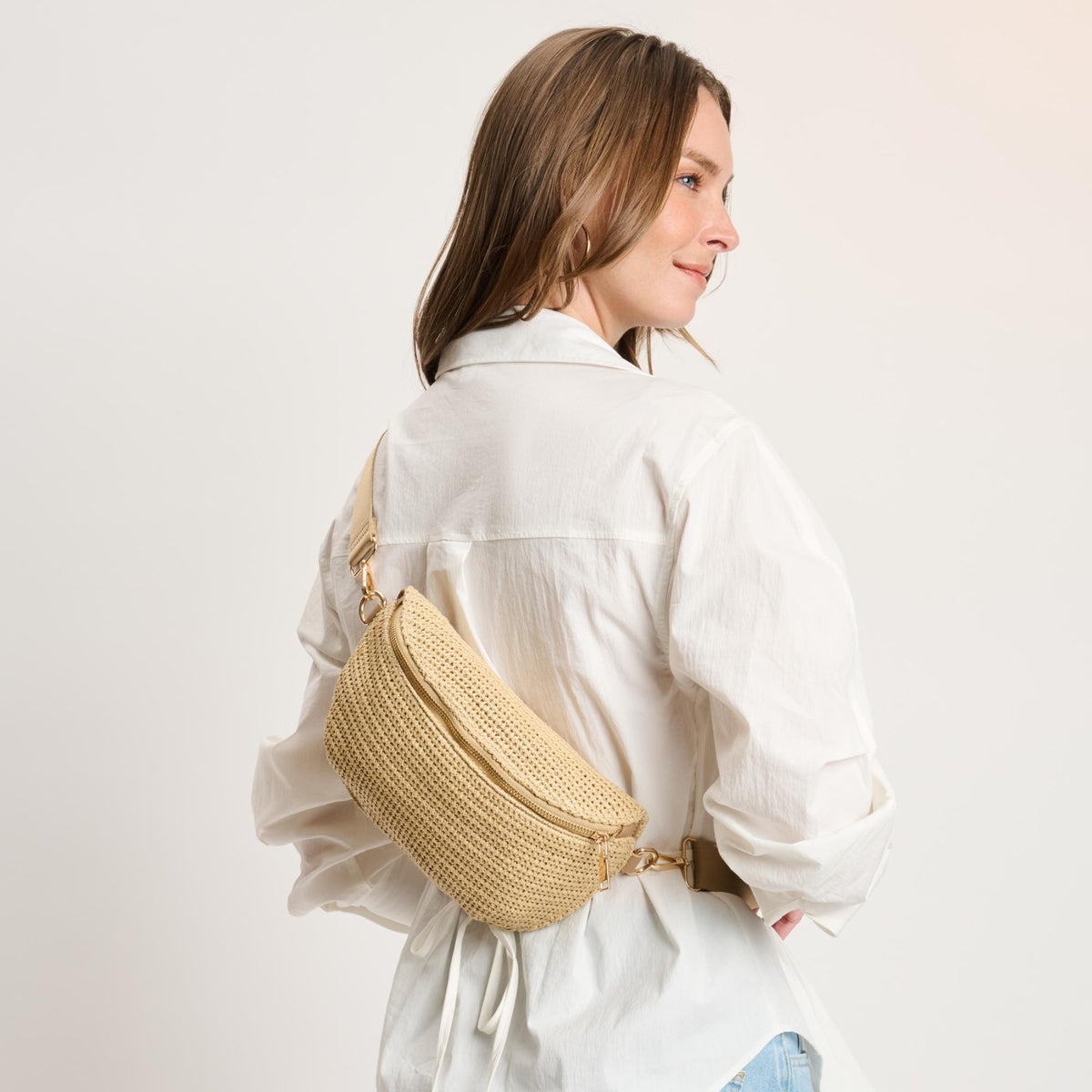 Woman wearing Natural Moda Luxe Gizelle - Large Checker Belt Bag 842017141037 View 4 | Natural