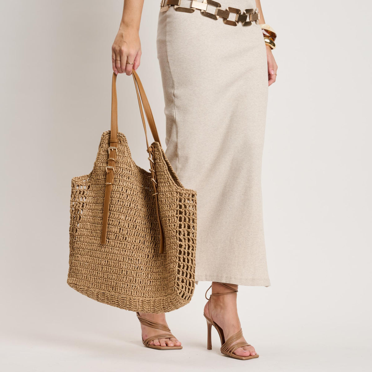 Woman wearing Natural Moda Luxe Reina Tote 842017140733 View 3 | Natural