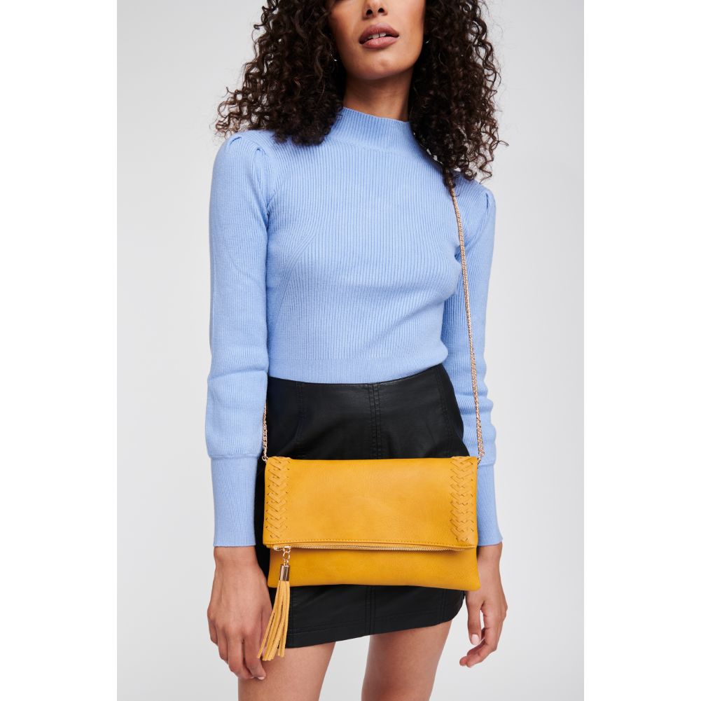 Woman wearing Mustard Moda Luxe Palermo Clutch 842017126676 View 1 | Mustard