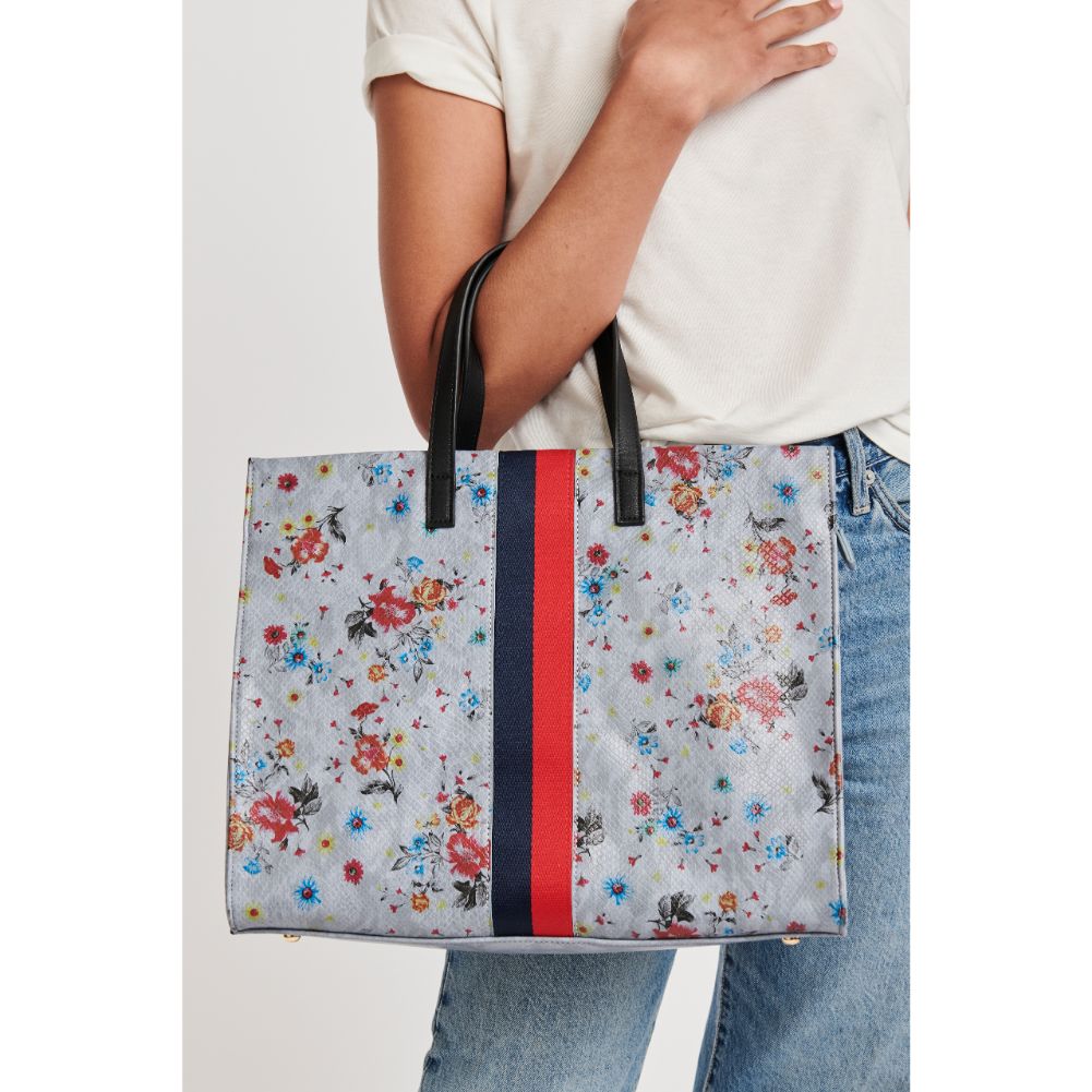 Woman wearing Blue Moda Luxe Julian Print Tote 842017118541 View 2 | Blue