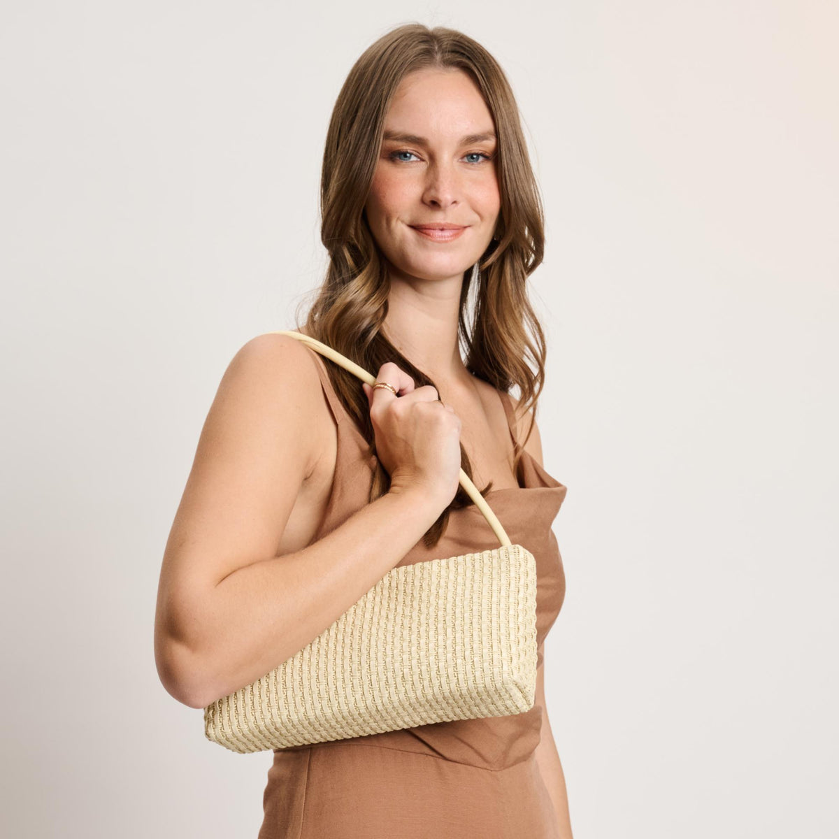 Woman wearing Cream Moda Luxe Lucy Shoulder Bag 842017140344 View 2 | Cream