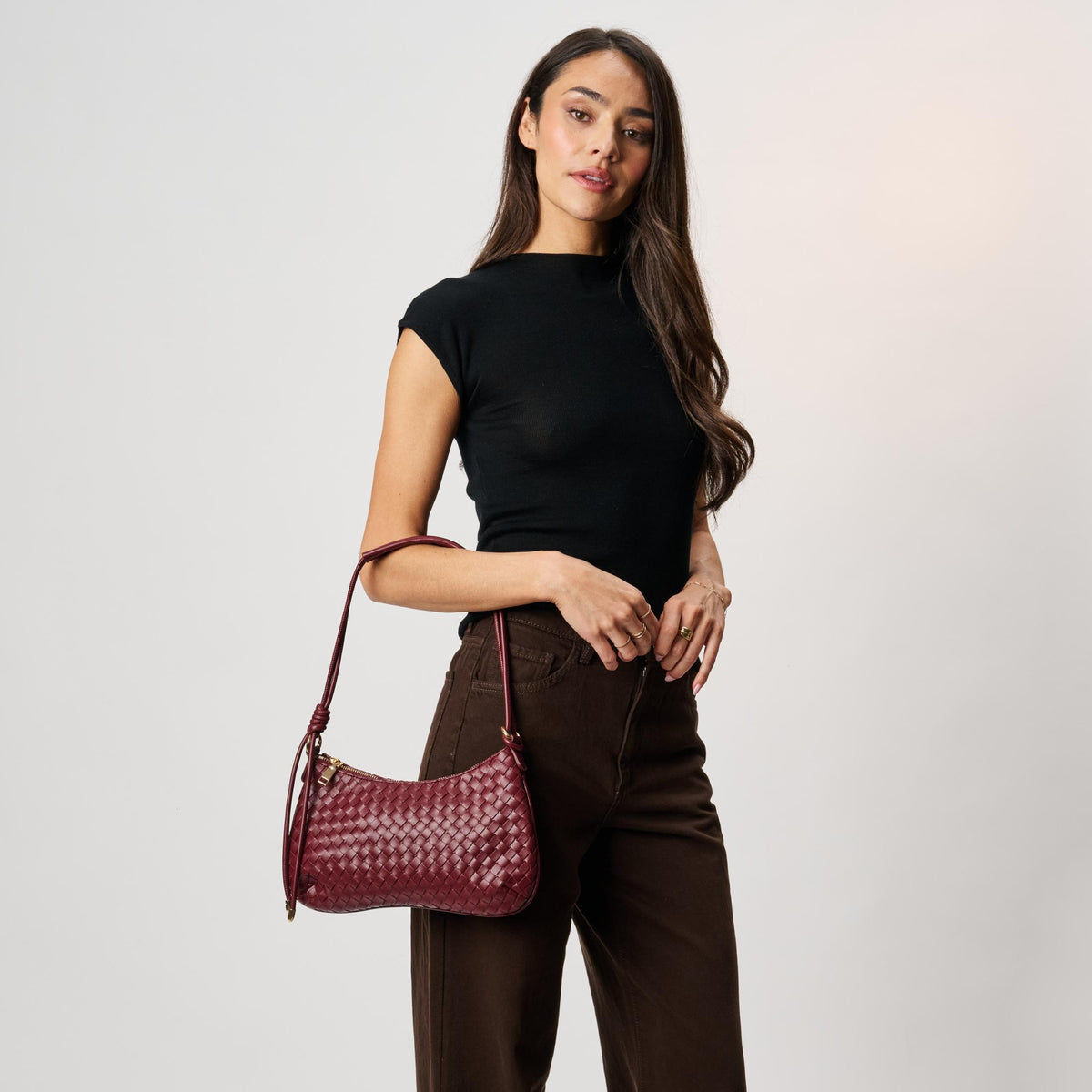 Woman wearing Burgundy Moda Luxe Cindy Shoulder Bag 842017142690 View 3 | Burgundy