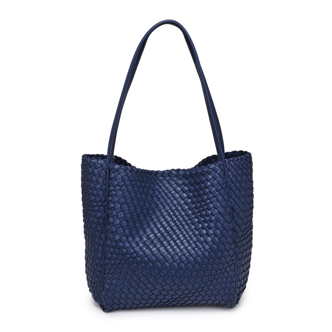 Woman wearing Navy Moda Luxe Gladys Tote 842017137276 View 7 | Navy