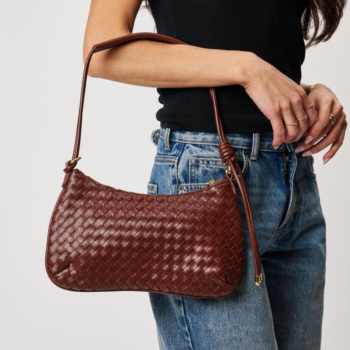 Woman wearing Chocolate Moda Luxe Cindy Shoulder Bag 842017142713 View 1 | Chocolate
