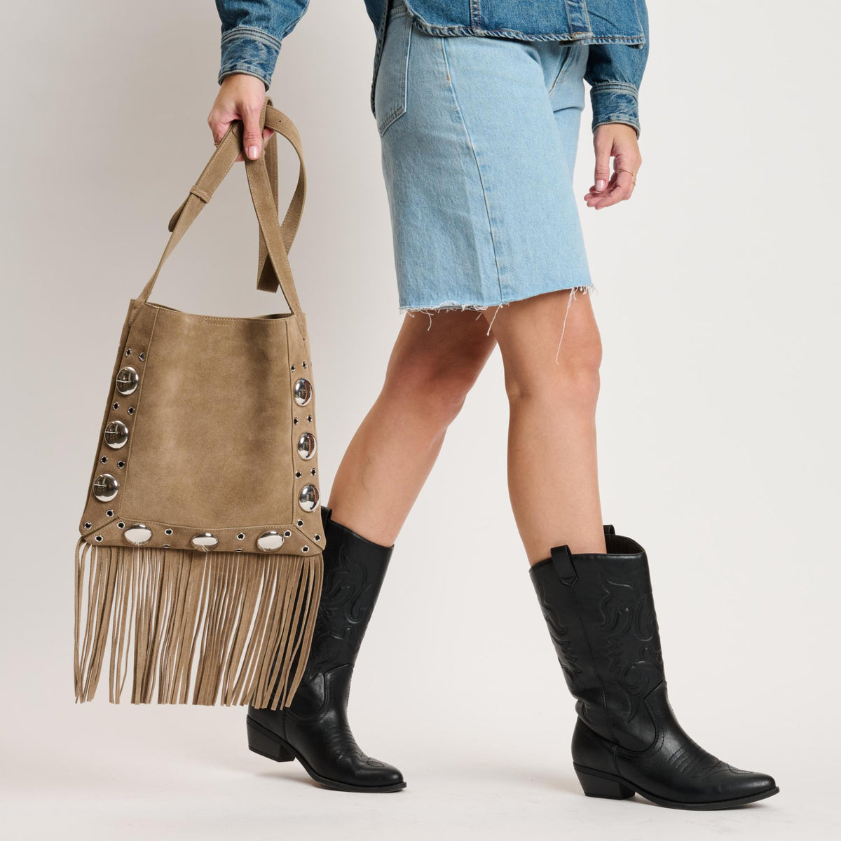 Woman wearing Sand Moda Luxe Courtney Crossbody 842017140573 View 2 | Sand