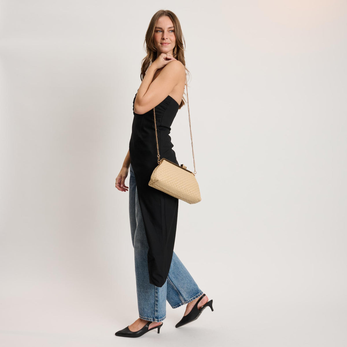 Woman wearing Natural Moda Luxe Bianca Clutch 842017141457 View 2 | Natural