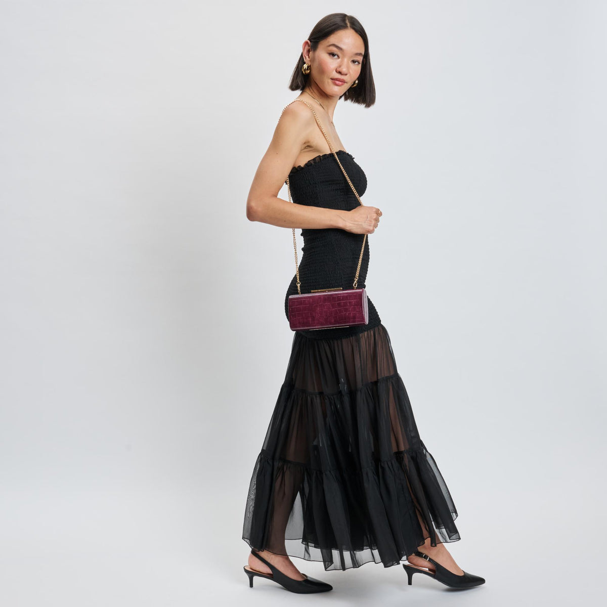 Woman wearing Wine Sol and Selene Sienna Evening Bag 842017139744 View 2 | Wine